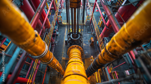 A complex network of drill pipes on an offshore oil drilling platform, showcasing the intricate machinery used in energy extraction.