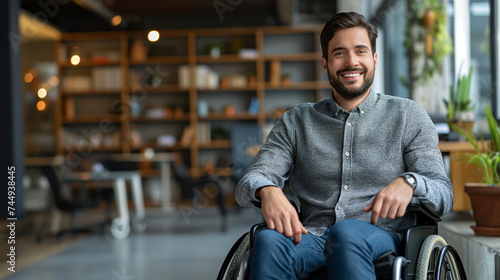 Cheerful male professional in a wheelchair displaying confidence and positivity in a modern office setting.