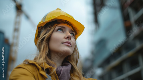 A young female engineer with a hard hat is thoughtfully gazing upwards at a construction project. © apichat