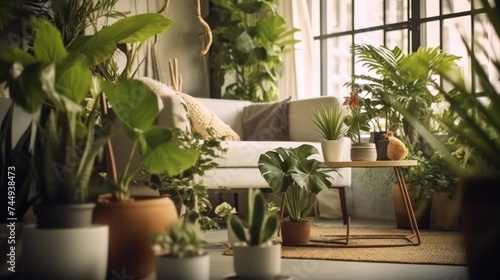Grey armchair, indoor plants, monstera, palm trees. Urban jungle apartment. Biophilia design. Cozy tropical home garden. Home gardening.