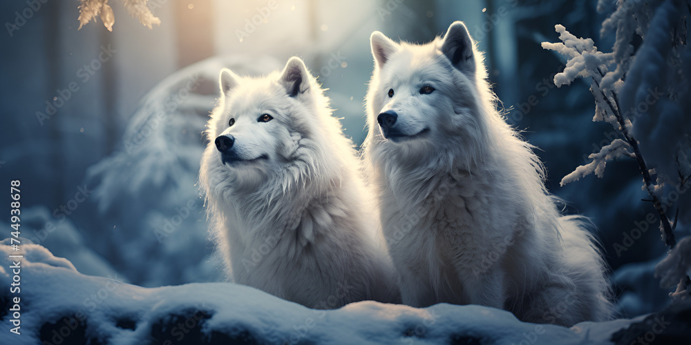 Two Cute White Wolves in the Winter Forest