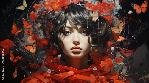 The face of beautiful young woman with long brown hair surrounded by frame of red flowers, ribbons and butterflies