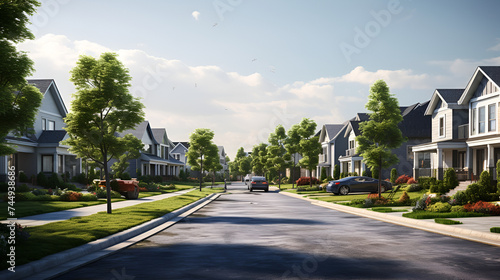 Street of exterior suburban homes at Summer. A perfect neighborhood. Luxury houses,Perfect american neighbourhood. Houses in suburban area at summer day, neural network generated image, 