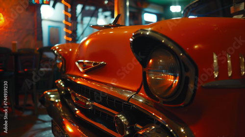 Closeup of vintage car displayed inside restaurant or bar