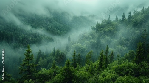Misty mountain landscape with fir forest and copyspace in vintage retro hipster style