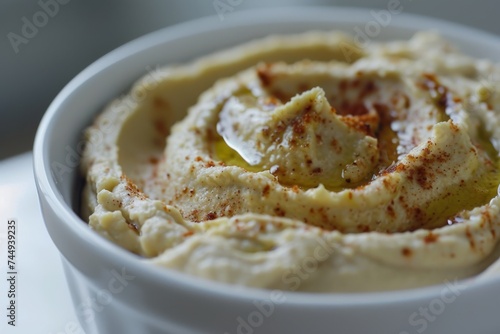 Close-up of hummus in a bowl with olive oil and paprika