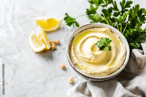 A bowl of hummus with copy space on light background