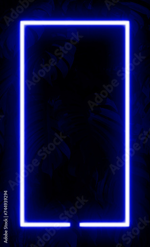 Dark leaves trees wall background  blue neon light and rectangle shape with vertical banner. copy space or empty