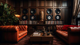 A vintage-inspired den with a tufted leather sofa set, dark wood paneling, and a collection of classic vinyl records.