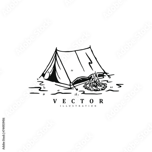 Simple linear vintage hand drawn camp tent with campfire vector isolated on white background