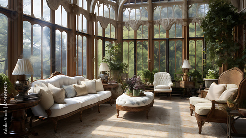 A Victorian conservatory with an elegant wicker sofa set, floor-to-ceiling windows, and botanical gardens.