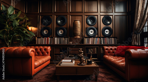 A vintage-inspired den with a tufted leather sofa set, dark wood paneling, and a collection of classic vinyl records. © Muhammad