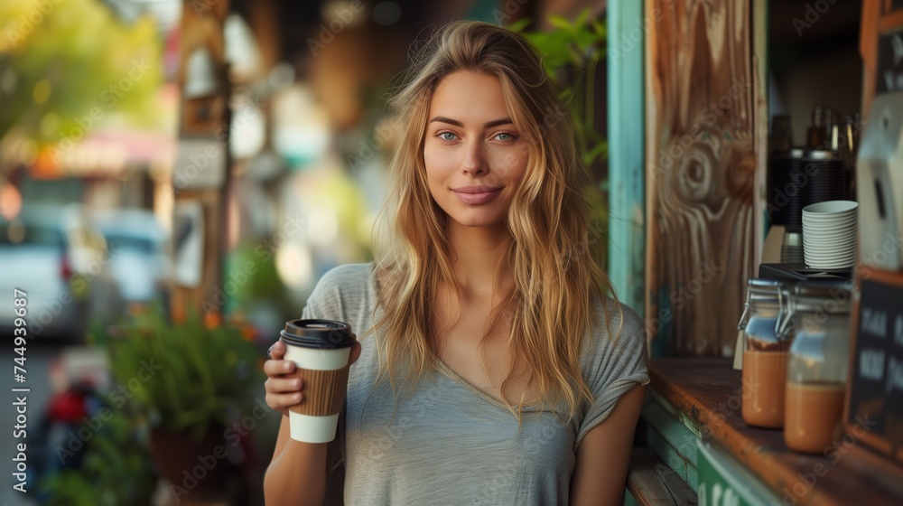 Portrait of woman holding take away coffee cup in front of coffee shop, cafe , smiling and looking at camera, paper-cup coffee