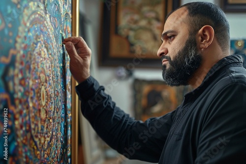 A middle eastern man with beard hanging a painting on the wall at his living room