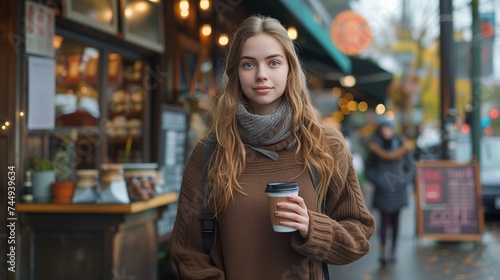 Portrait of woman holding take away coffee cup in front of coffee shop, cafe , smiling and looking at camera, paper-cup coffee © jirayut