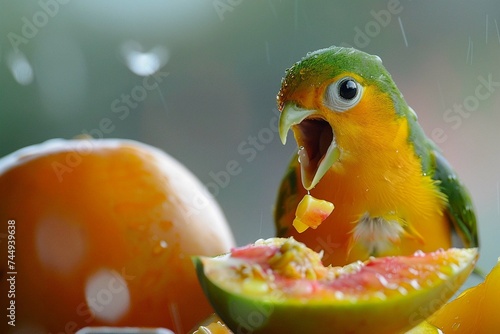 A silvereye or white-eye bird eating persimmon with its mouth open .