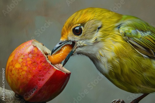 A silvereye or white-eye bird eating persimmon with its mouth open .