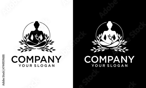 Creative Woman yoga Lotus flower logo vector templates. Meditating female in a lotus zen pose with a round halo.