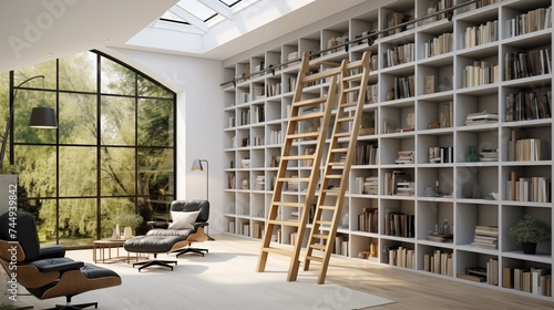 Modern Library with Rolling Ladder Create a modern library that s both functional and visually striking with the addition of a rolling ladder