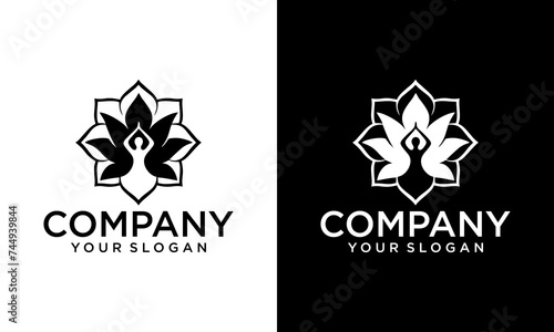 Creative Woman yoga Lotus logo vector templates. Meditating female in a lotus zen pose with a round halo.