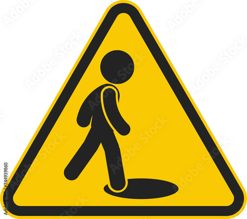 Isoalted pictogram of man fall in hole on street for safety caution danger triangle signage