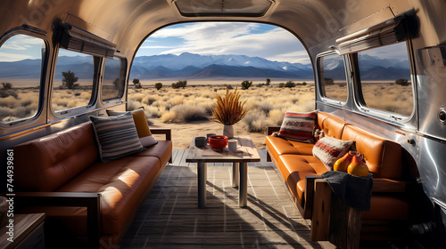 A vintage airstream trailer with a compact and convertible sofa set for a mobile and stylish living space.