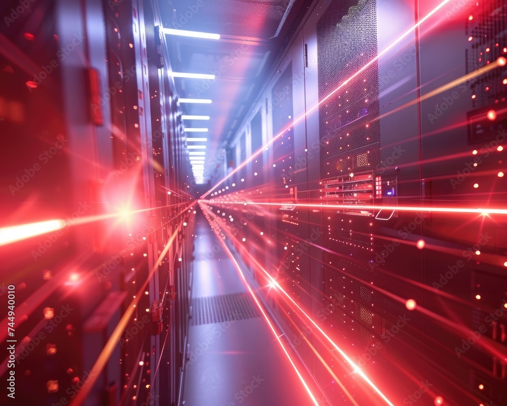 High-speed data center, light beams connecting servers, in a cryo ...