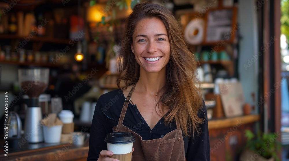 Fototapeta premium Portrait of woman holding take away coffee cup in front of coffee shop, cafe , smiling and looking at camera, paper-cup coffee