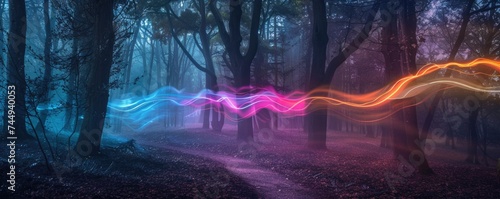 Ancient trees in dark forests, wrapped in neon time travel energy ribbons, a gateway opens