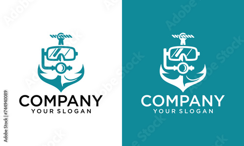 Creative logo with anchor elements and diving goggles. Can be used for commercial diving companies.