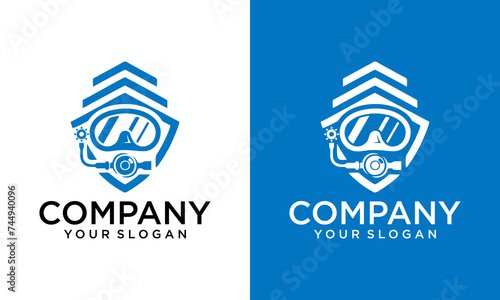Creative logo with Ship elements and diving goggles. Can be used for commercial diving companies.