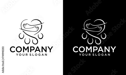 Creative human and dog animal charity logo with love. Pet lover. People, Cat and Dog.Pet care logo. illustration women hug dog and cat, heart pet