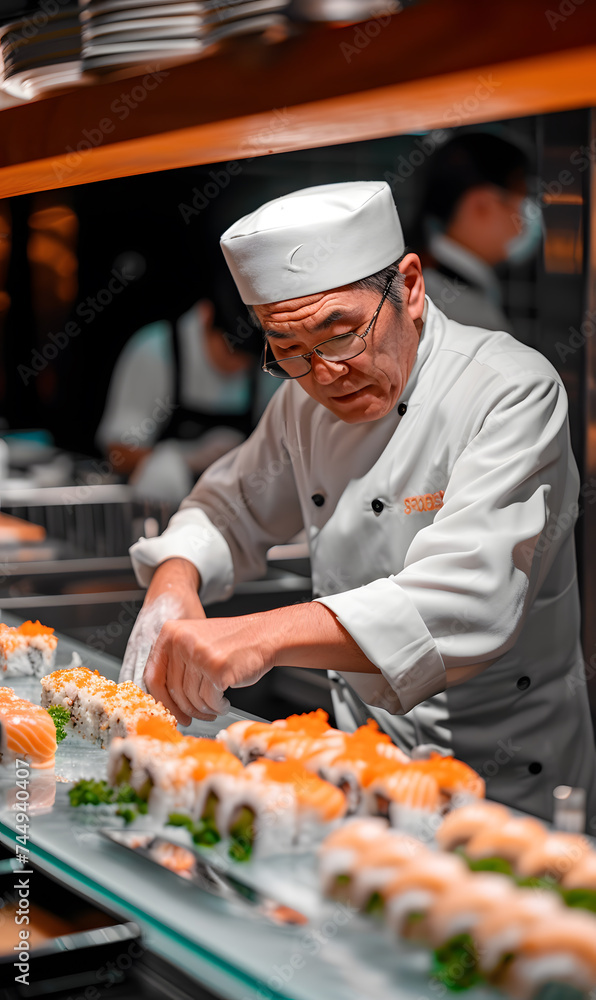 Professional chef hands preparing Sushi