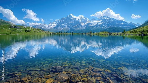 Incredible view of clear water and sky reflection on Chesery lake (Lac De Cheserys) in France Alps. photo
