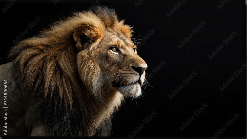 A lion is pictured isolated against a black background.