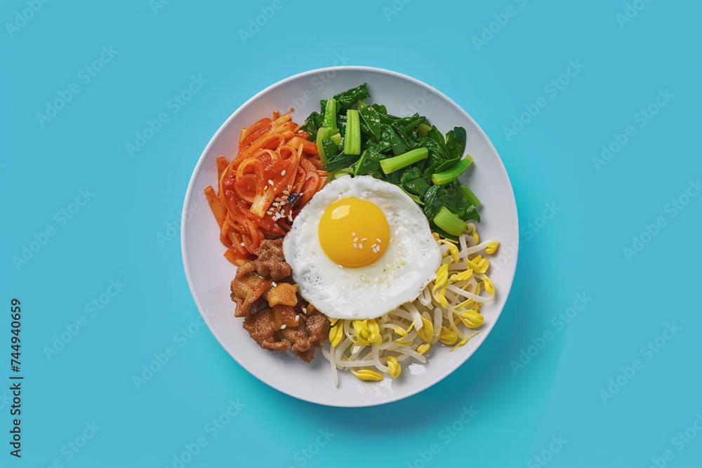 A plate of bibimbap with kimchi and egg on a clean blue background. A plate of bibimbap with kimchi and egg on a clean blue background.