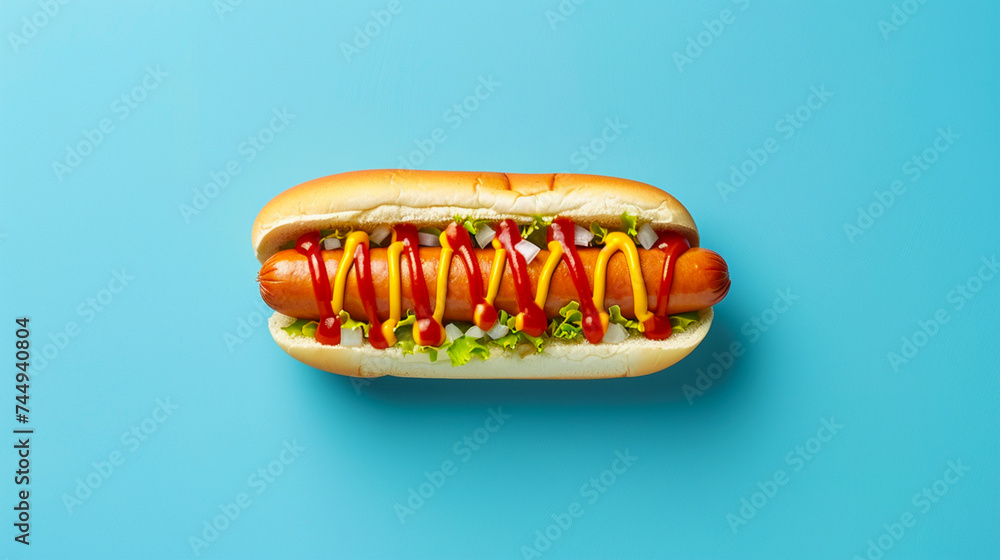 A top view of loaded hot dog topped with mustard, ketchup, relish, and onions on a clean blue background. A top view of loaded hot dog topped with mustard, ketchup, relish, and onions on a clean blue background.