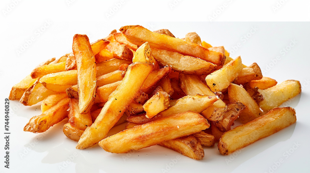 A mouthwatering serving of french fries piled high on a clean white background. A mouthwatering serving of french fries piled high on a clean white background.