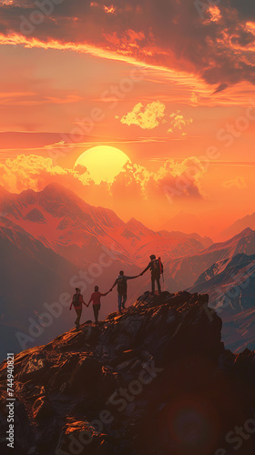 Business background. Panoramic view of team of people holding hands and helping each other reach the mountain top in spectacular mountain sunset landscape 