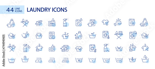 Washing clothes. Laundry detergent, washing instructions labels and statin removal. Pixel perfect, editable stroke icons photo