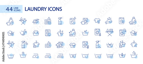 Washing clothes. Laundry detergent, washing instructions labels and statin removal. Pixel perfect, editable stroke icons