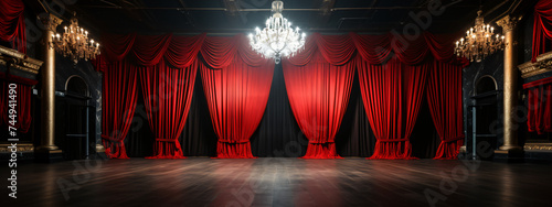 Theatrical Backdrop Photography, A theatrical backdrop featuring large red curtains against an empty background photo