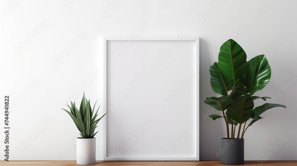 Empty white frame on the wall with green plants, simple background and wallpaper collection, poster mockup Empty white frame on the wall with green plants, simple background and wallpaper collection, poster mockup