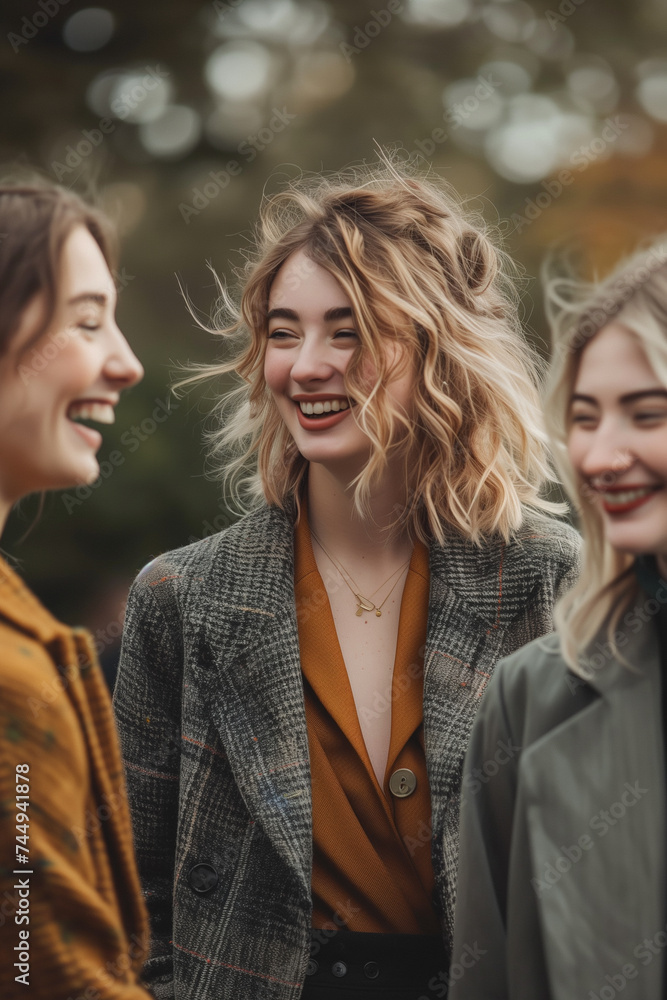 Three women in business meeting standing and laugh Three women in business meeting standing and laugh
