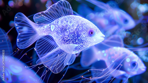 Bioluminescent creatures weaving yarn in an underwater umbra their patterns encoding secrets
