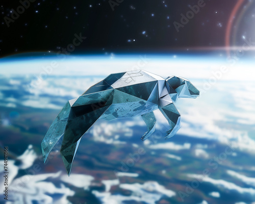 Cybersecurity hub orbiting Earth shaped like an origami lemur powered photo