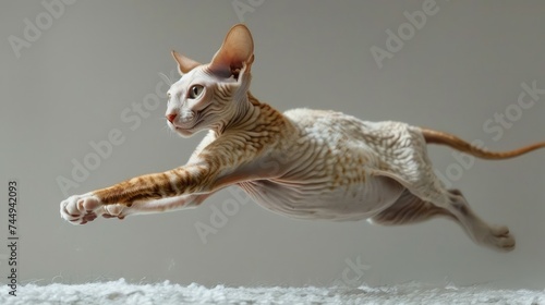 Dynamic Sphynx Cat in Mid-Leap Against Neutral Background