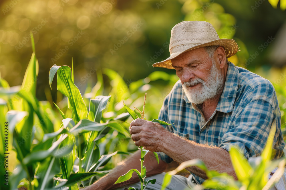 Old man farmer examining corn plant in field. Concept of farming, agriculture