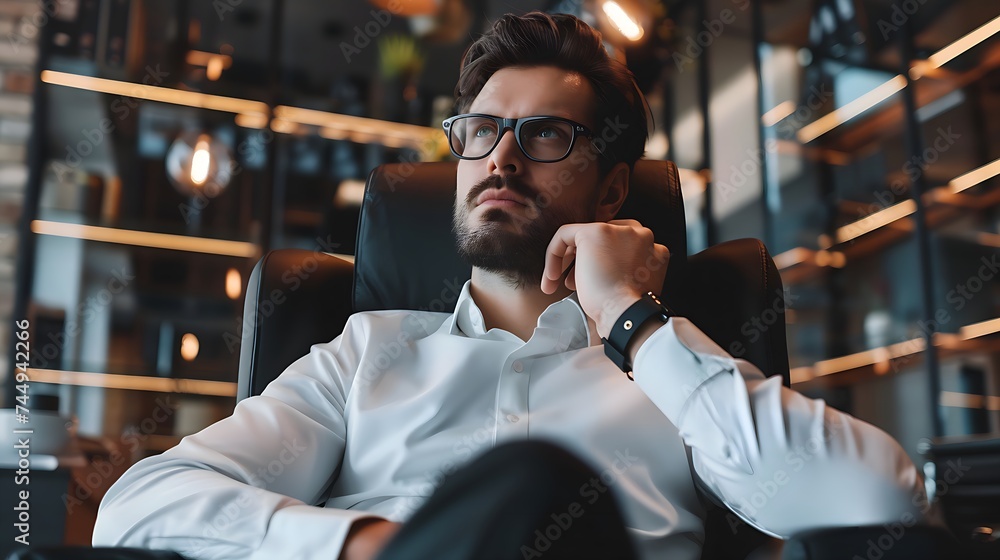 Fototapeta premium Businessman in thoughtful pose in office