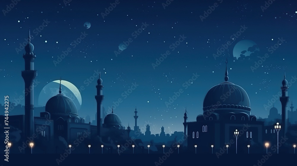 Islamic background, ramadan. Mosque silhouette in bright night sky with moon and star